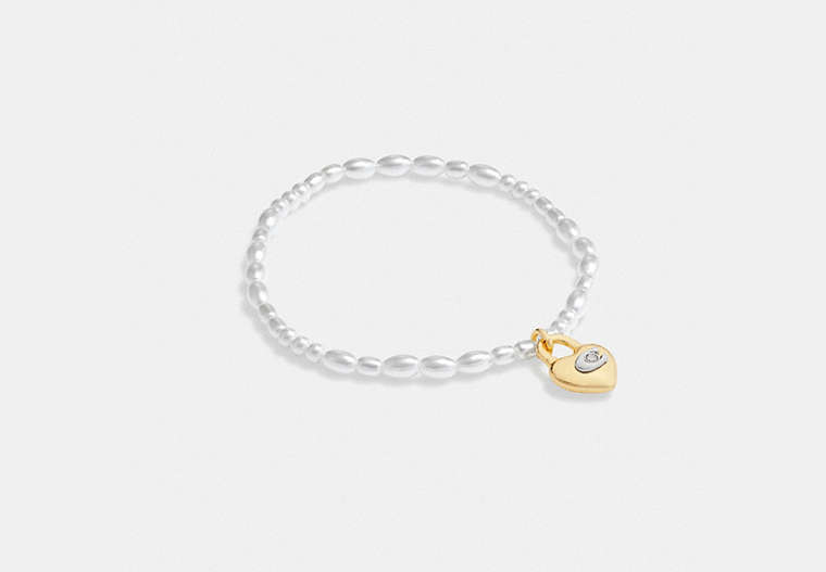 COACH®,HEART LOCK STRETCH BRACELET,Gold/Pearl,Front View