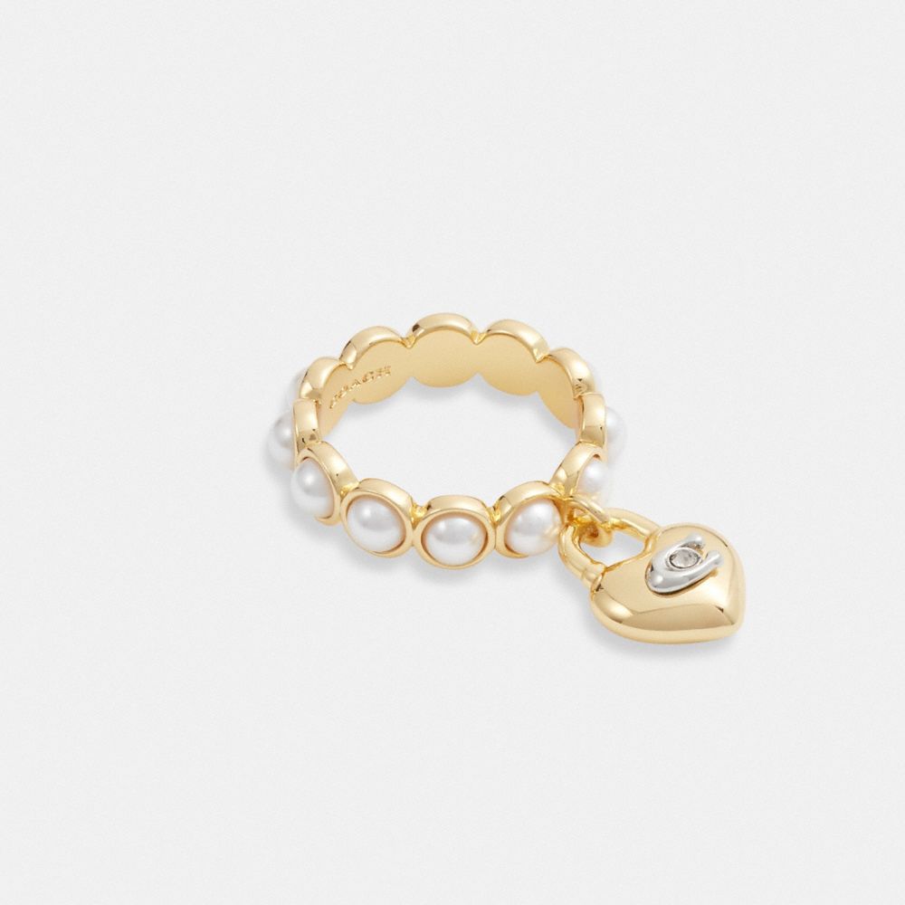 COACH®,HEART LOCK RING,Gold/Pearl,Front View