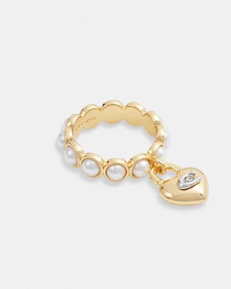 COACH®,HEART LOCK RING,Gold/Pearl,Front View