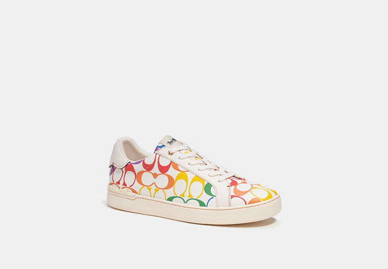 COACH®,CLIP LOW TOP SNEAKER IN RAINBOW SIGNATURE CANVAS,Suede,Chalk,Front View