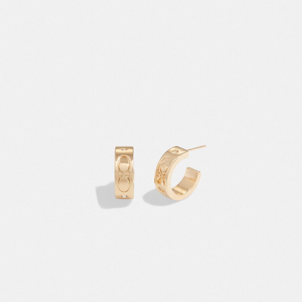 COACH®,SIGNATURE HUGGIE EARRINGS,Gold,Front View