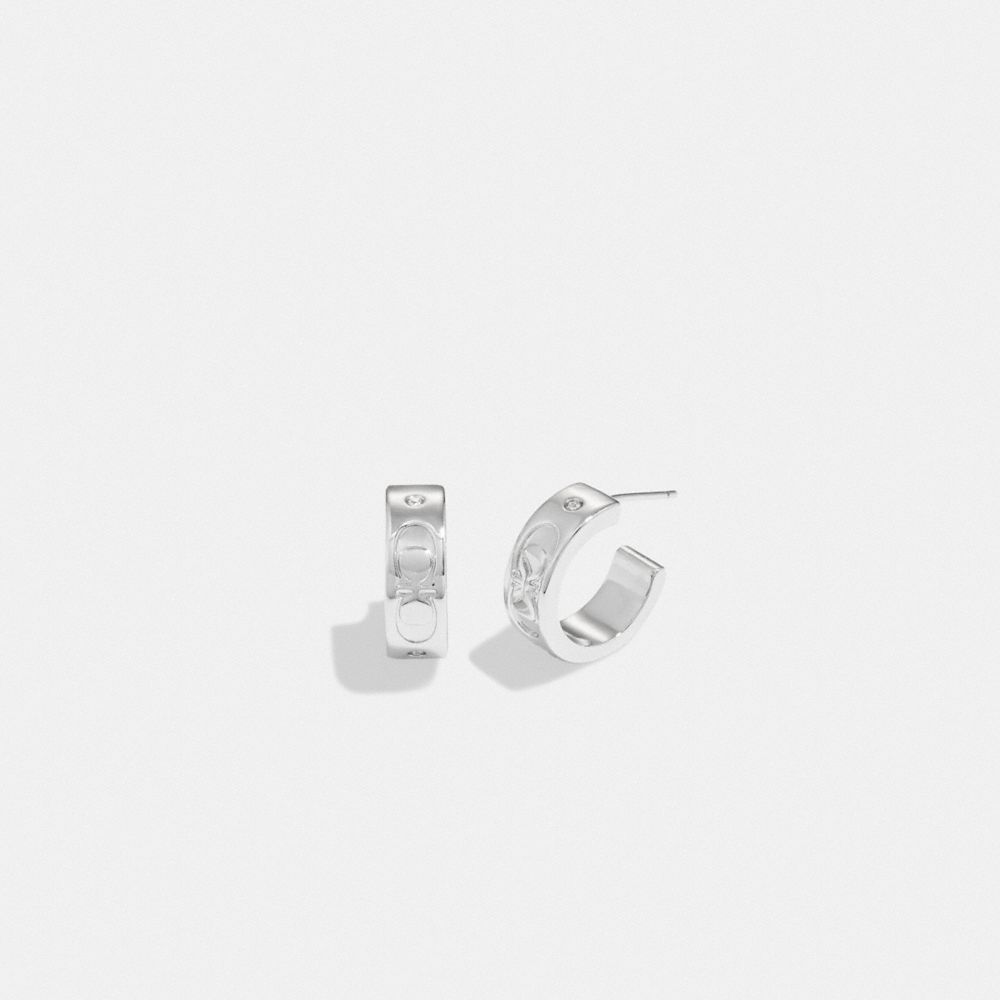 COACH®,SIGNATURE HUGGIE EARRINGS,Silver,Front View