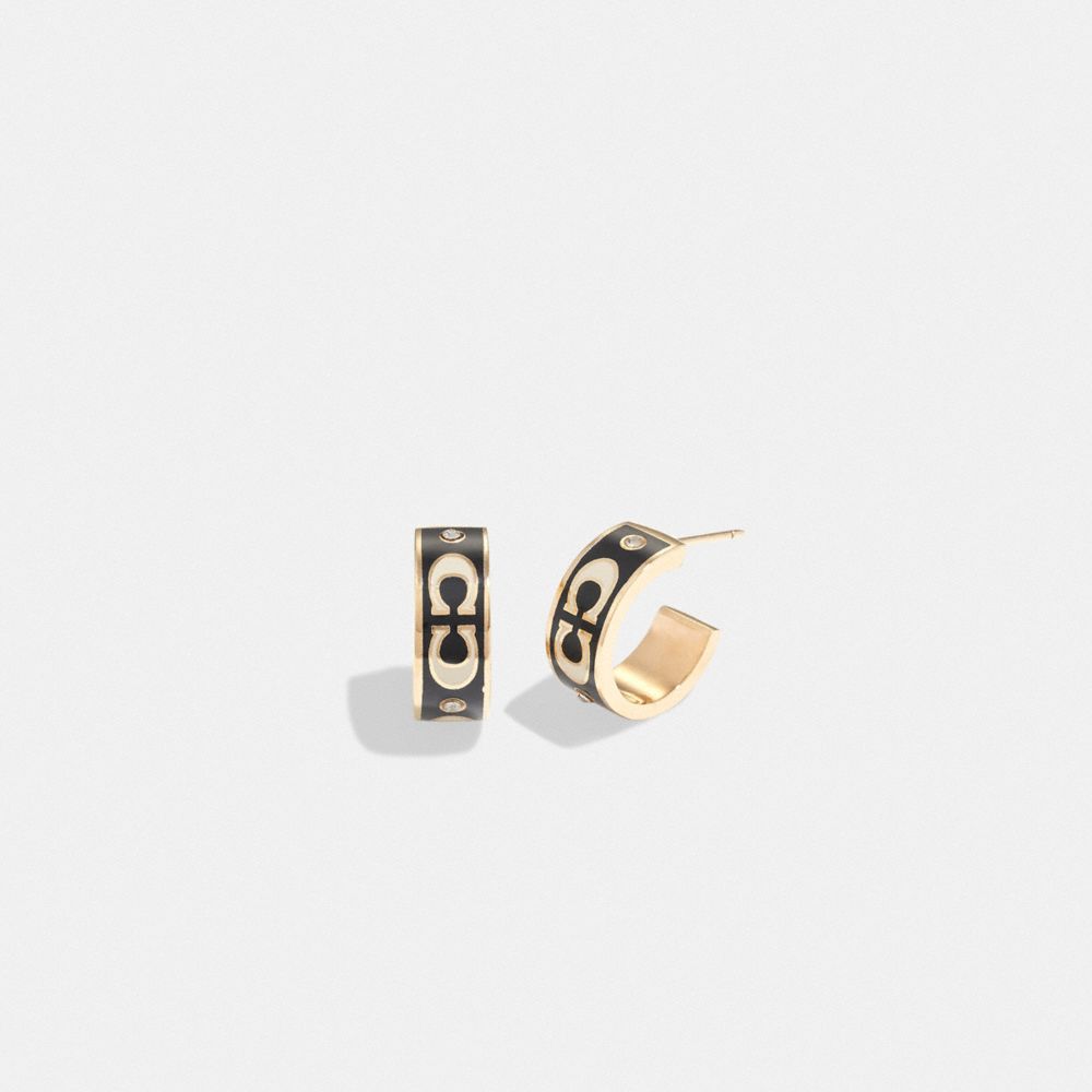 COACH®,SIGNATURE ENAMEL HUGGIE EARRINGS,Gold/Black,Front View