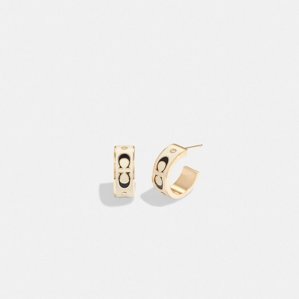 COACH®,SIGNATURE ENAMEL HUGGIE EARRINGS,Gold/White,Front View