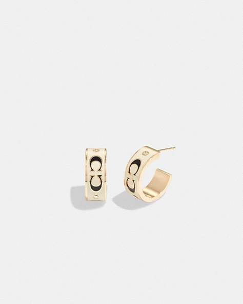 COACH®,SIGNATURE ENAMEL HUGGIE EARRINGS,Gold/White,Front View