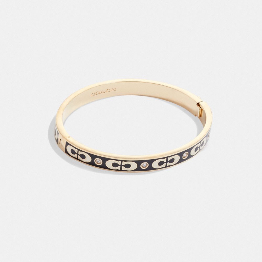 COACH®,SIGNATURE ENAMEL HINGED BANGLE,Gold/Black,Front View