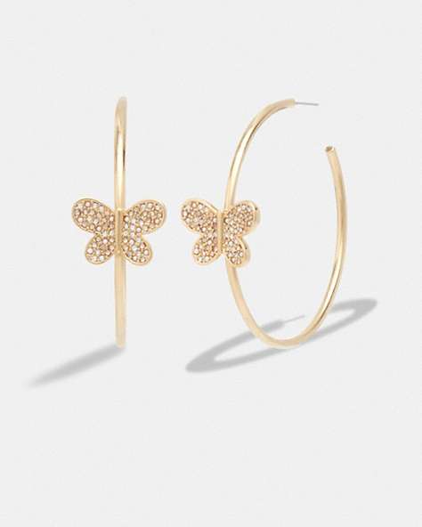 COACH®,PAVE BUTTERFLY HOOP EARRINGS,Gold/Clear,Front View