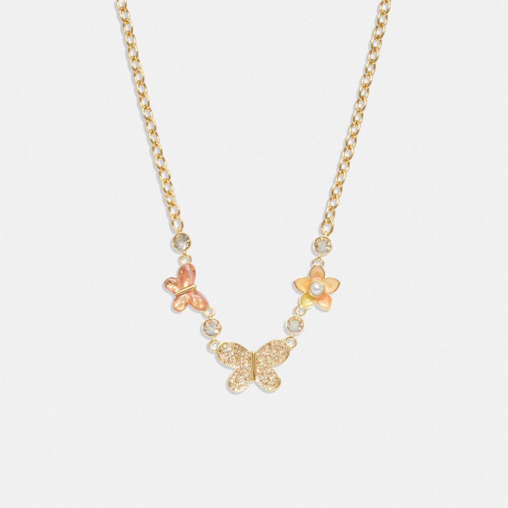 COACH®,PAVE BUTTERFLY NECKLACE,Gold/Pink,Front View