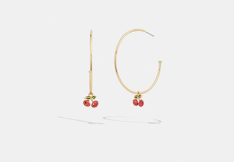 COACH®,CHERRY HOOP EARRINGS,Gold/Red,Front View