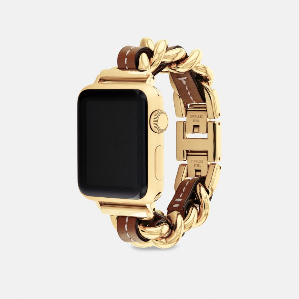 COACH®,APPLE WATCH® STRAP, 38MM, 40MM AND 41MM,Leather,Saddle,Angle View