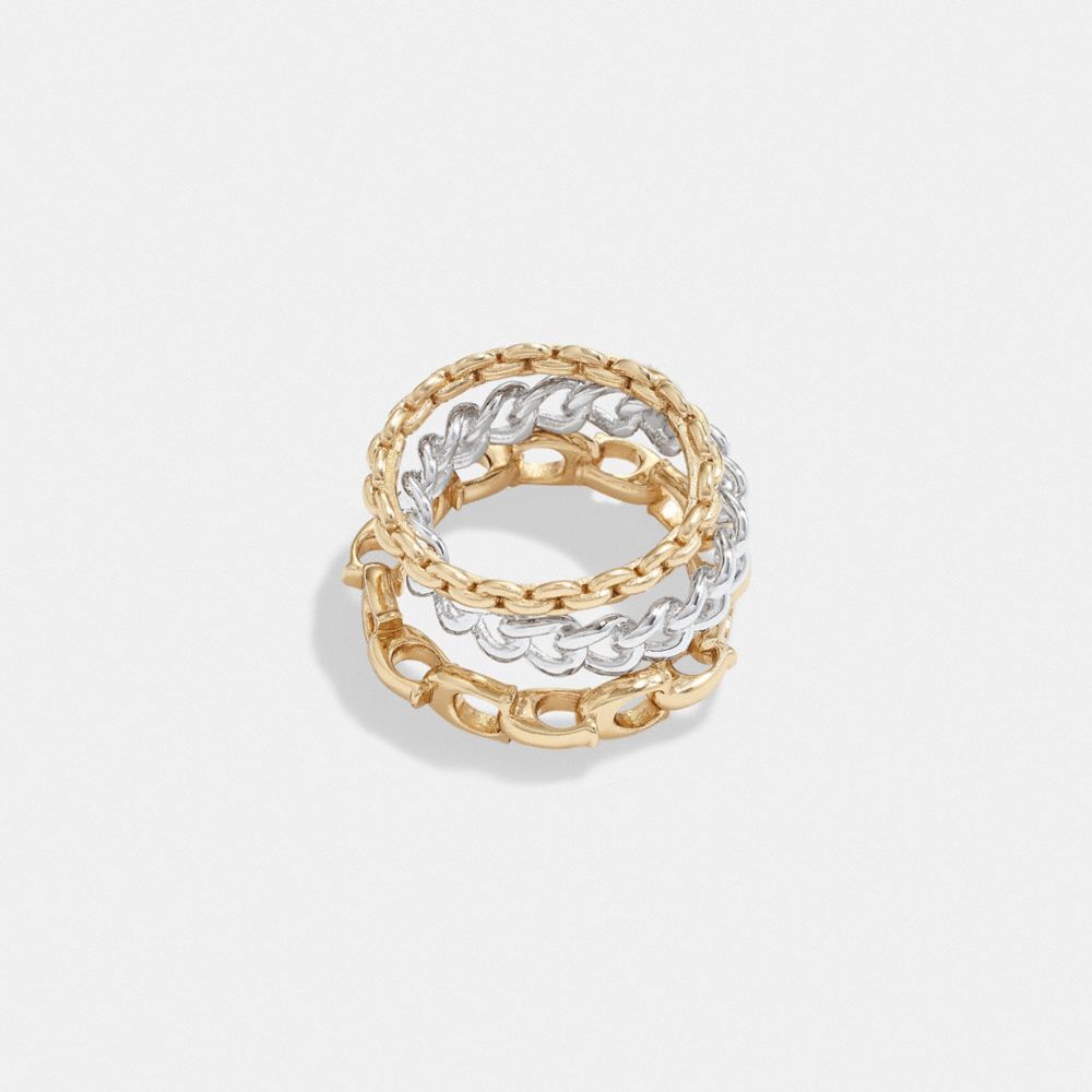 COACH®,SIGNATURE MIXED CHAIN RING SET,Plated Brass,Gold/Silver,Front View