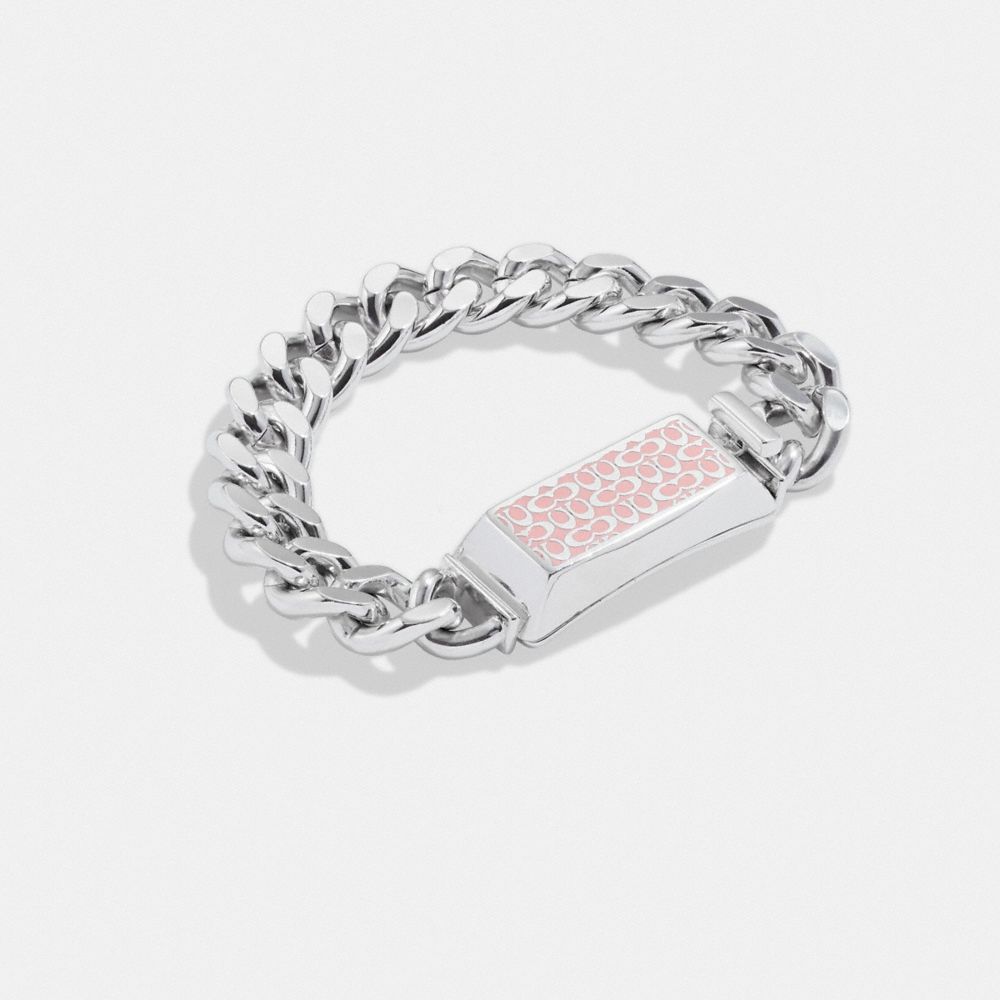 COACH®,QUILTED SIGNATURE LINK ENAMEL BRACELET,Plated Brass,Silver/Pink,Front View image number 0