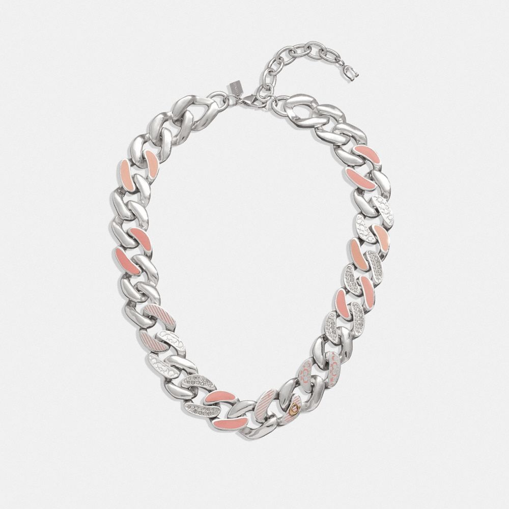 COACH®,QUILTED SIGNATURE LINK ENAMEL PAVÉ NECKLACE,Silver/Pink,Front View image number 0
