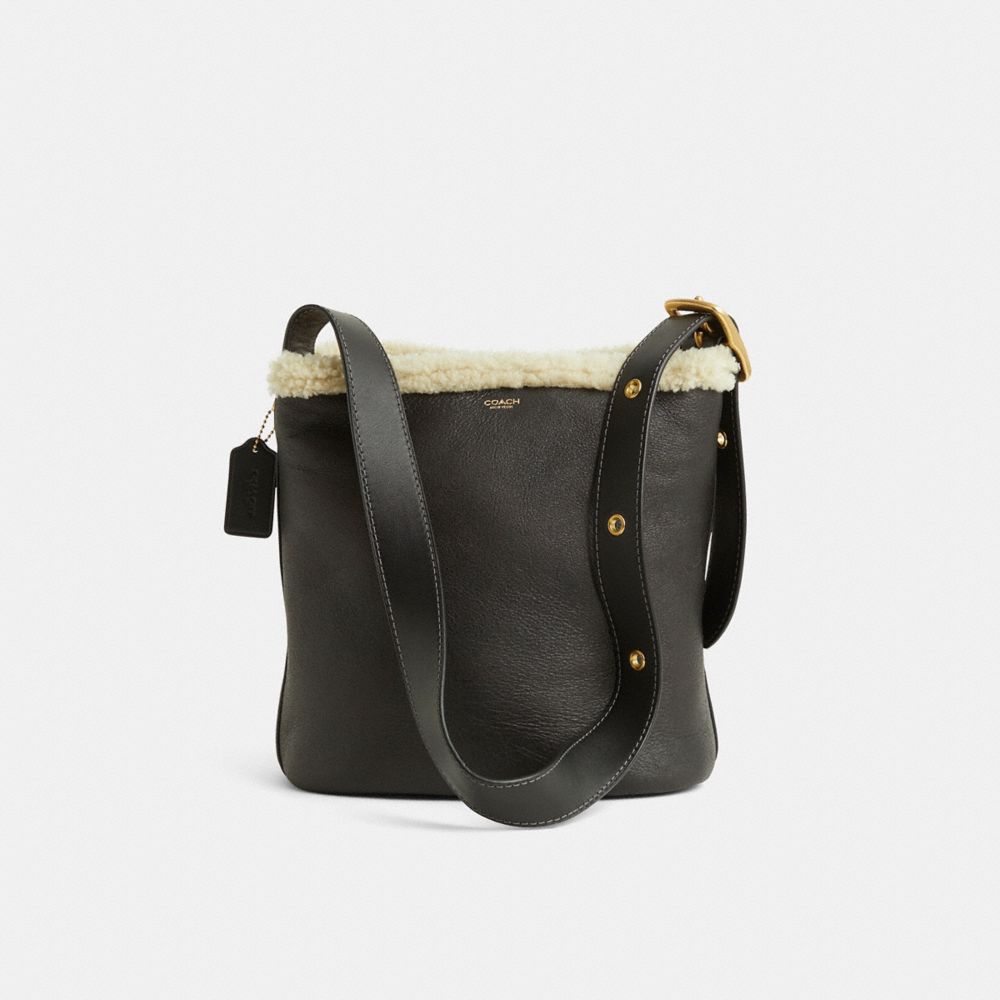 COACH®,Restored Bleecker Bucket Bag In Shearling,Sheepskin,Shearling,Leather,Bucket,Adjustable,Sustainable,Brass,Casual,Black,Front View