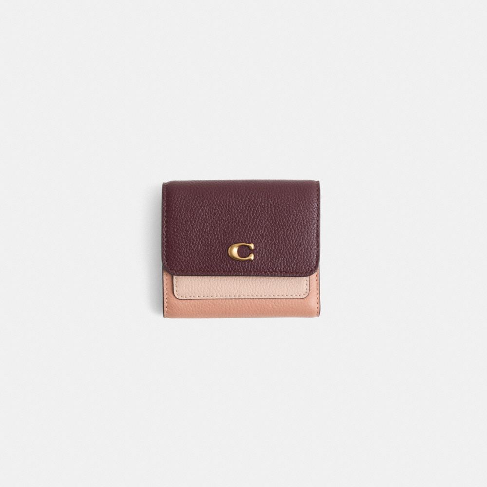 COACH®,Restored Mila Small Flap Wallet In Colorblock,Leather,Tri Fold,Logo,Sustainable,Casual,Maroon,Front View