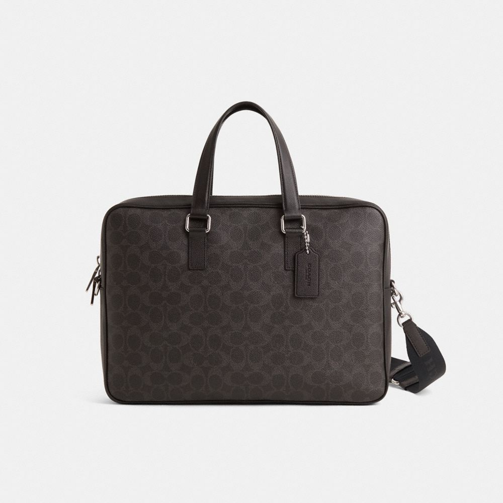 COACH®,Restored Caden Brief Bag,Canvas,Leather,Briefcase,Pattern,Logo,Convertible,Sustainable,Scratch Resistant,Silver Metal,,Black,Front View