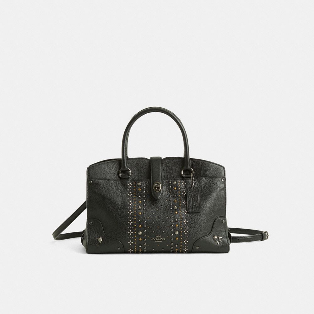 COACH®,Restored Mercer Satchel 30 With Bandana Rivets,Leather,Satchel,Studded,Sustainable,Adjustable,Gunmetal,Formal,Black,Front View
