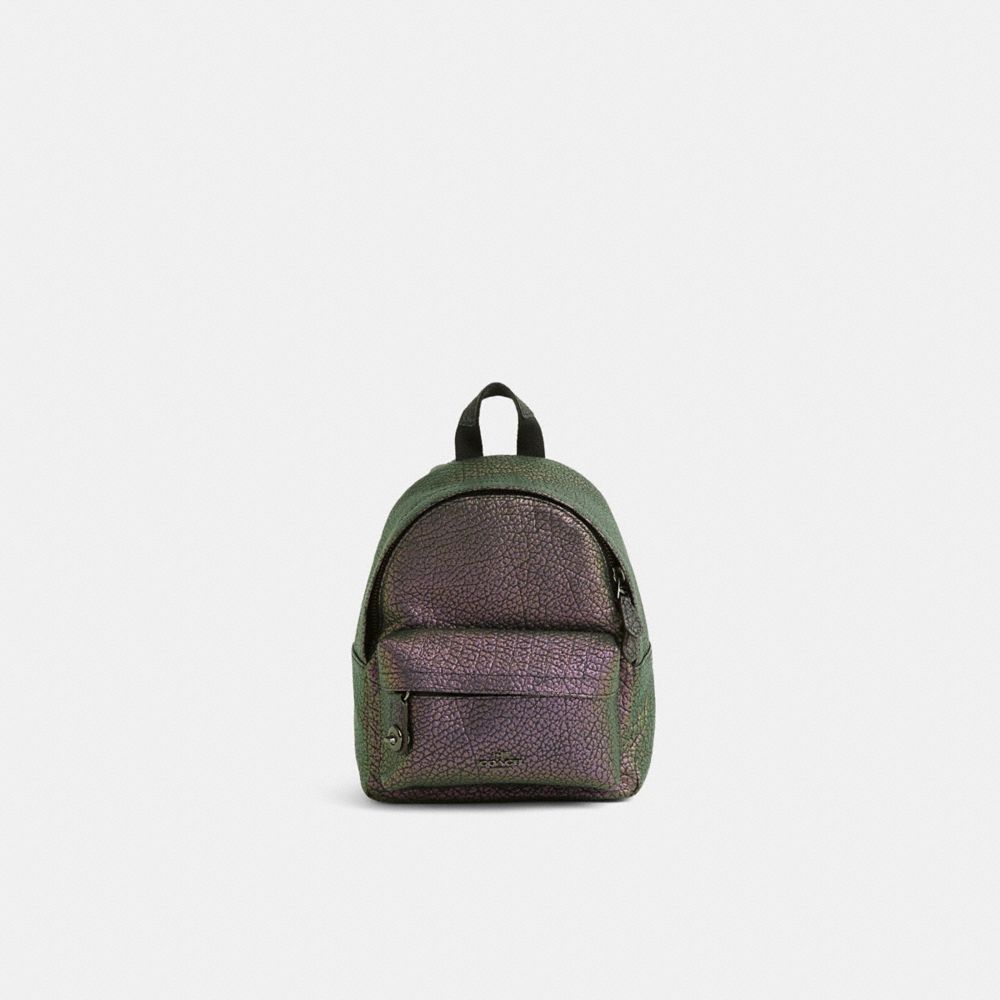 COACH®,Restored Mini Campus Backpack,Leather,Backpack,Metal Material,Logo,Sustainable,Adjustable,Gunmetal,Casual,Metallic,Front View