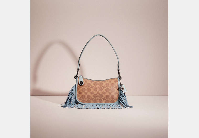 COACH®,UPCRAFTED SWINGER 20 IN SIGNATURE CANVAS,Signature Coated Canvas,Mini,Pewter/Aqua Tan Rust,Front View