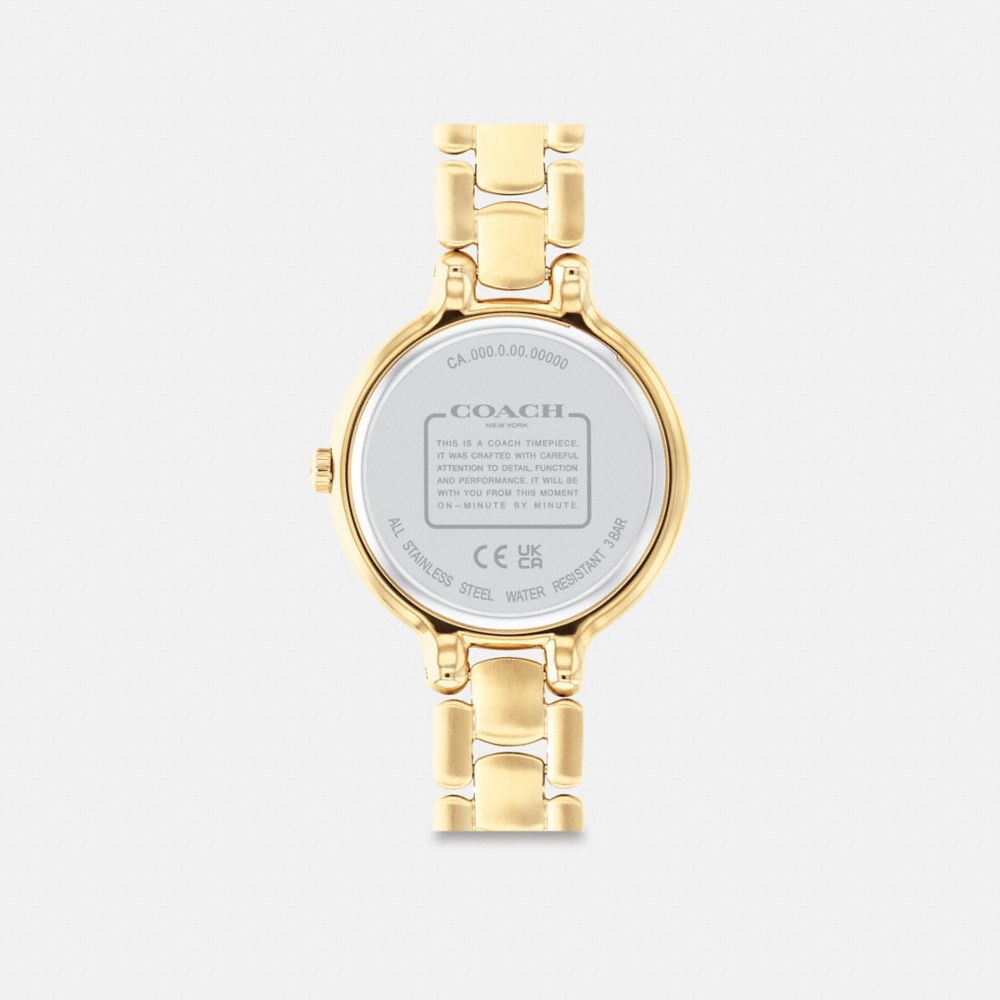 COACH®,Chelsea Watch, 32 Mm,Analog,Crystal,Gem Embellishment,Word Embellishment,Logo,Water Resistant,Gold Metal,Formal,,Back View