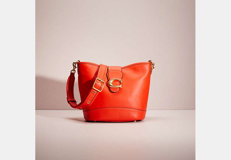 COACH®,RESTORED TALI BUCKET BAG,Smooth Leather,Medium,Brass/Red Orange,Front View