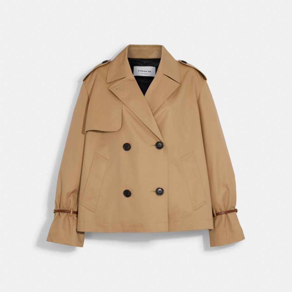 Short Check Collar Gabardine Trench Coat in Dusty caramel