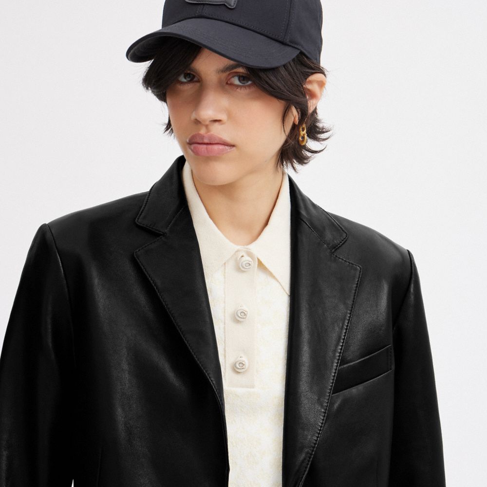 COACH®,Leather Blazer,Leather,Leather,Blazer,No Embellishment,Day Party,Black,Detail View