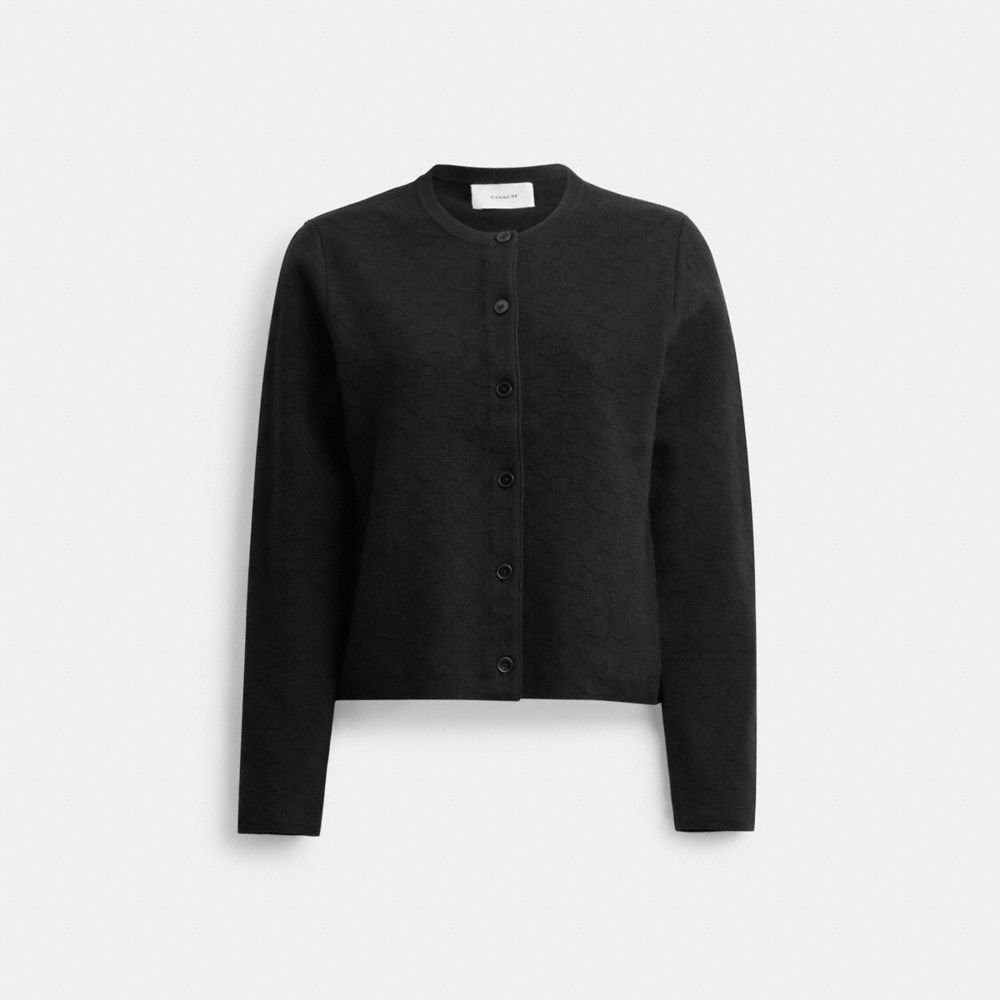 COACH®,SIGNATURE KNIT CROPPED CARDIGAN,Wool/Silk,Black,Front View image number 0