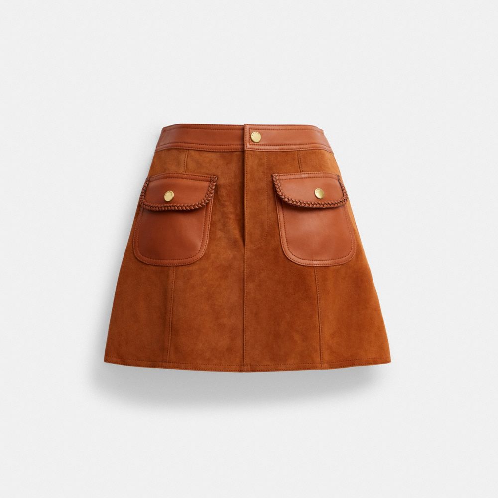 COACH®,BRAIDED SUEDE MINI SKIRT,Burnished Amber,Front View