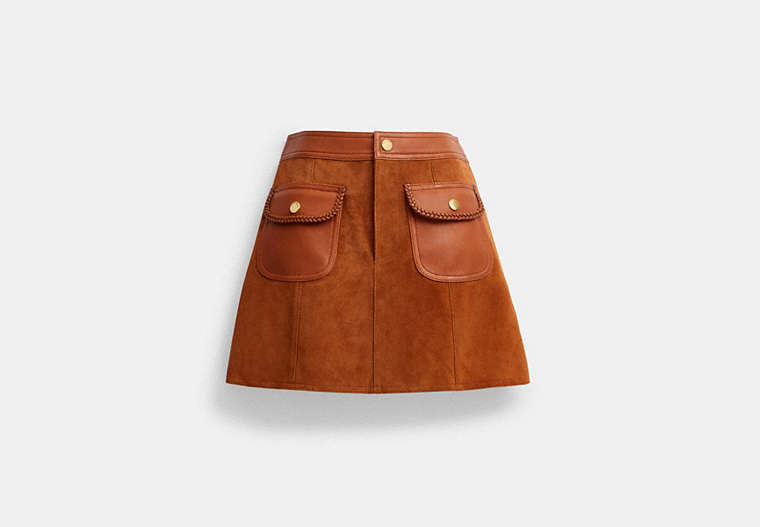 COACH®,BRAIDED SUEDE MINI SKIRT,Burnished Amber,Front View image number 0
