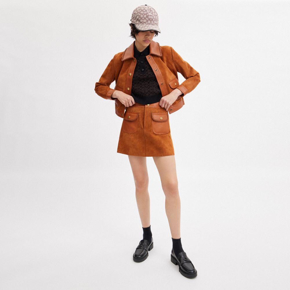 COACH®,BRAIDED SUEDE MINI SKIRT,Burnished Amber,Scale View