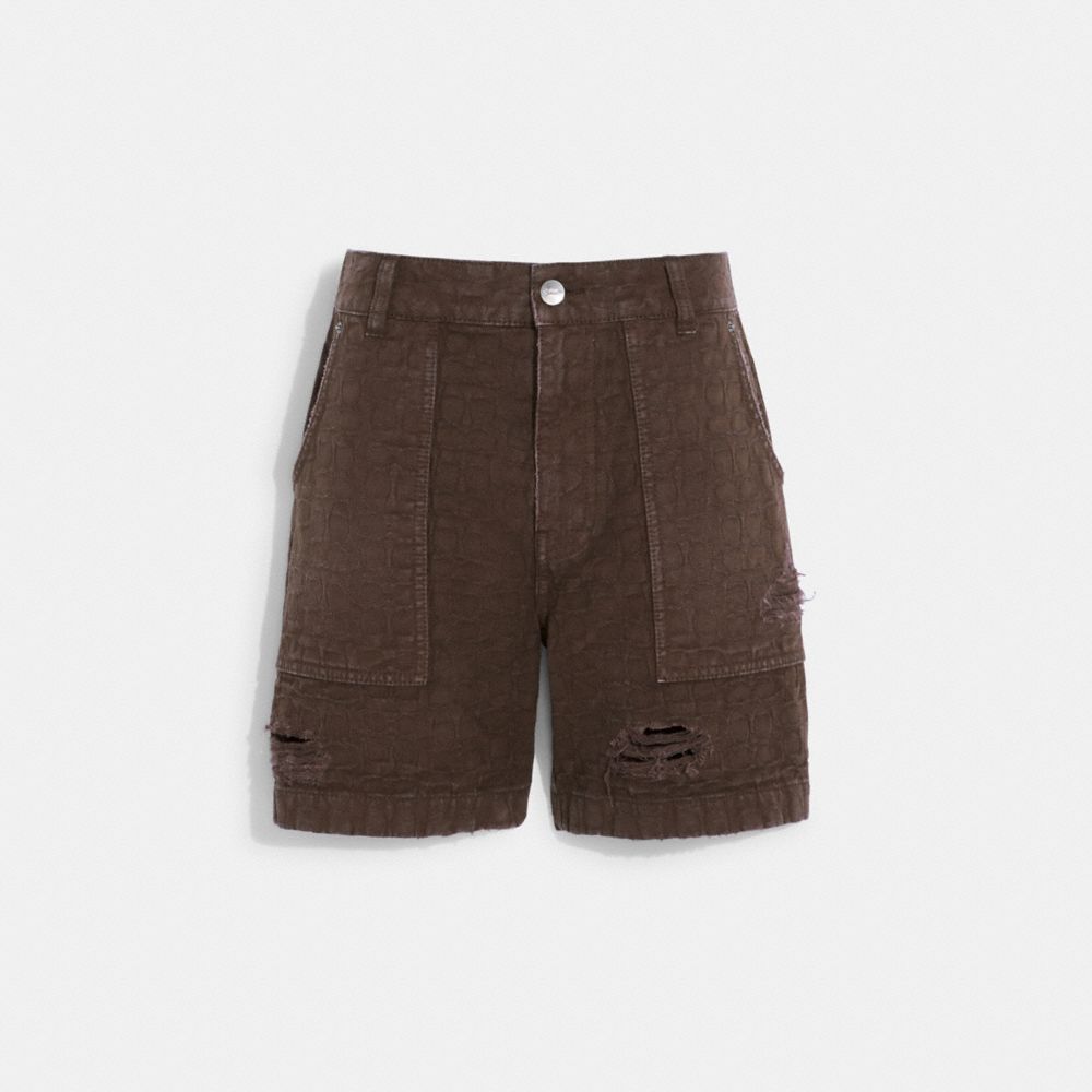 COACH®,DISTRESSED DENIM SHORTS,Brown,Front View