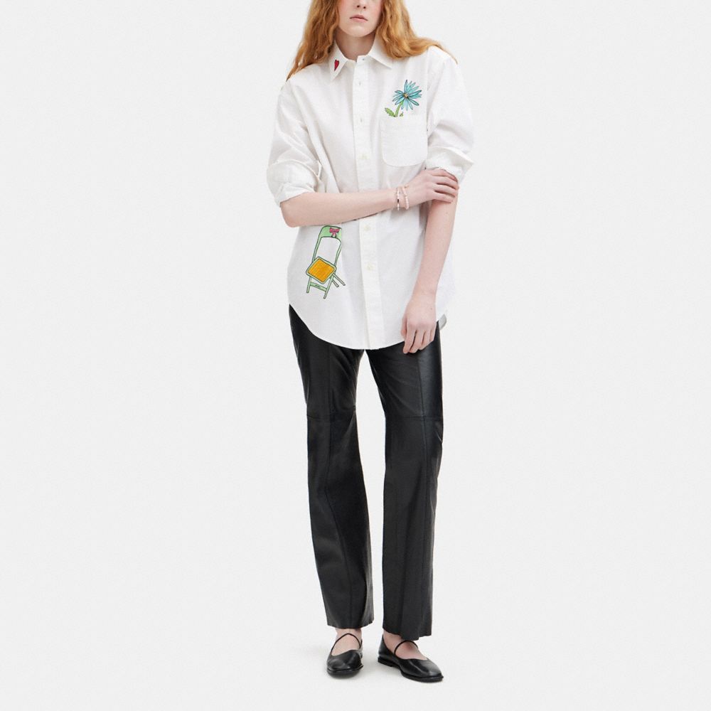 COACH®,Coach X Observed By Us Button Down Shirt,Cotton,Button Down,Graphic,Embroidered,Casual,White,Scale View