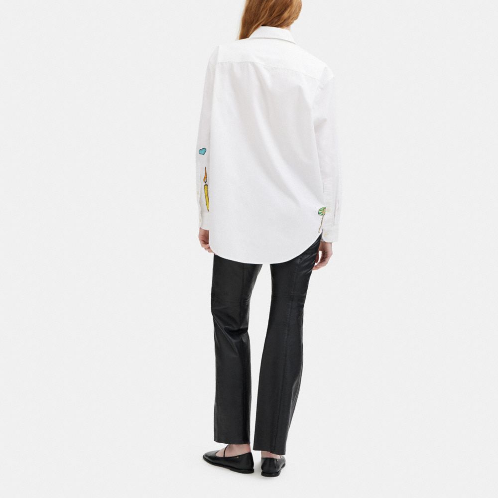 COACH®,Coach X Observed By Us Button Down Shirt,Cotton,Button Down,Graphic,Embroidered,Casual,White,Scale View