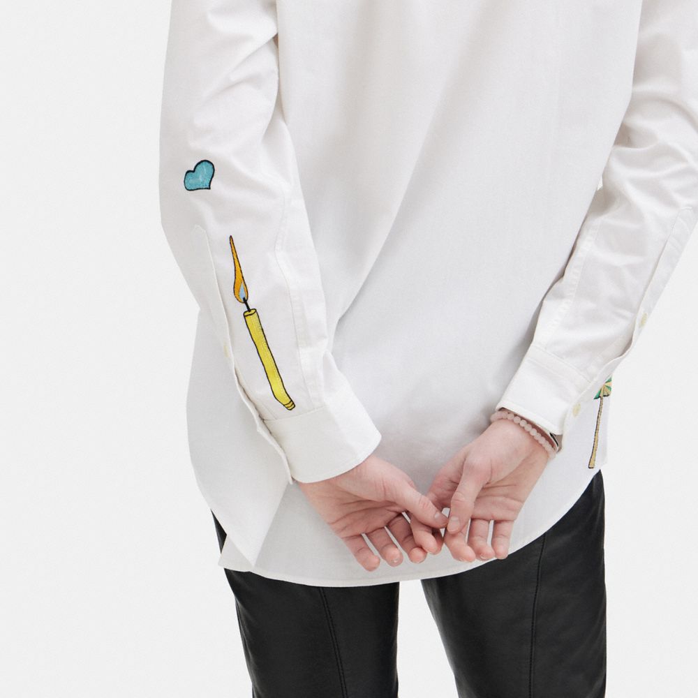 COACH®,Coach X Observed By Us Button Down Shirt,Cotton,Button Down,Graphic,Embroidered,Casual,White,Detail View