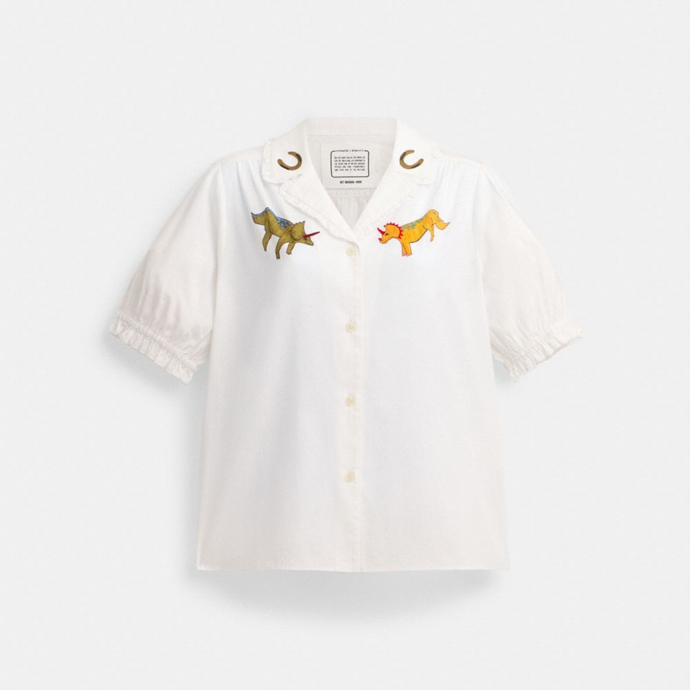 COACH®,COACH X OBSERVED BY US SHORT SLEEVE BUTTON DOWN SHIRT,cotton,White,Front View