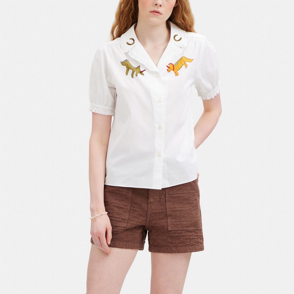 COACH®,COACH X OBSERVED BY US SHORT SLEEVE BUTTON DOWN SHIRT,cotton,White,Scale View