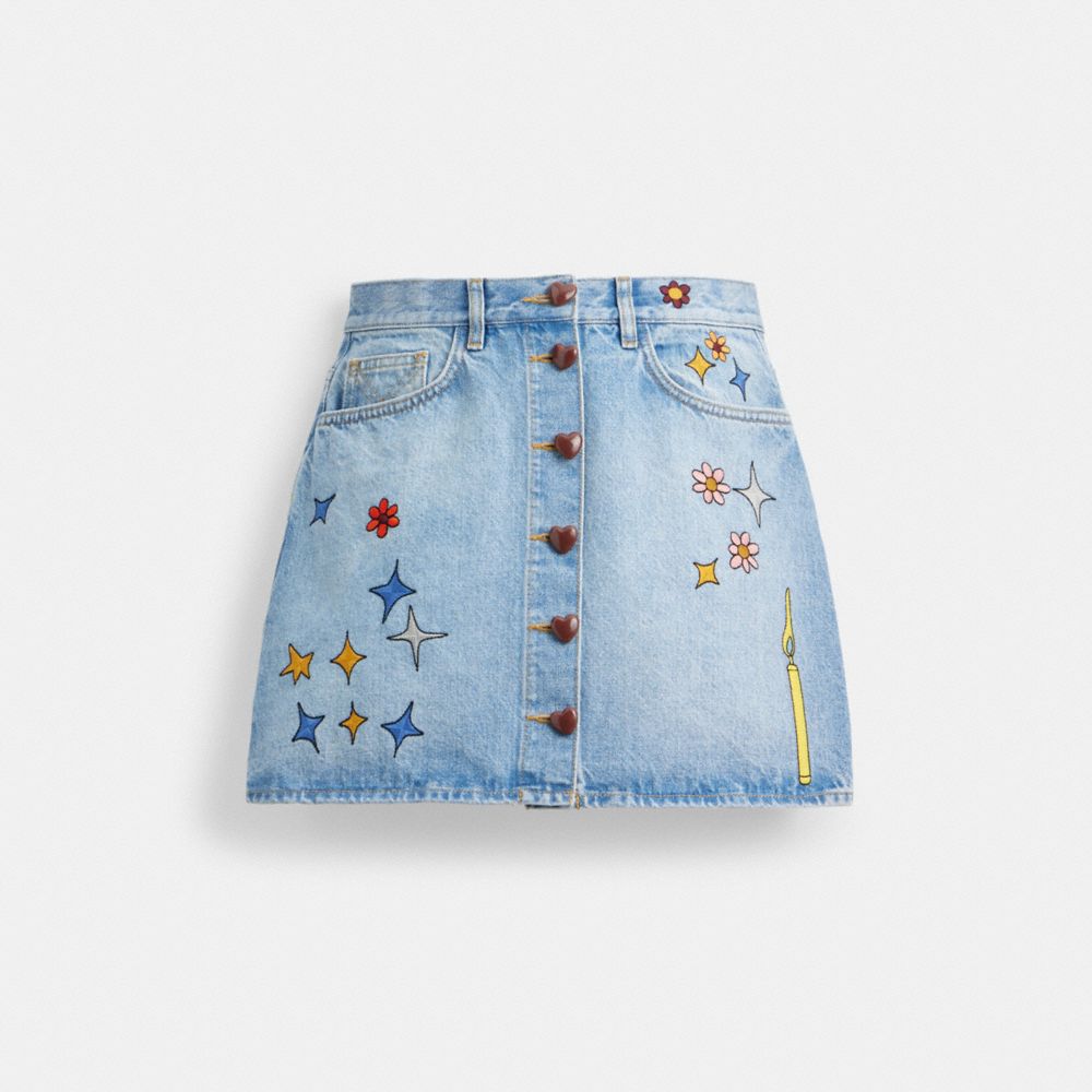 COACH®,COACH X OBSERVED BY US HIGH WAIST DENIM SKIRT,cotton,Blue Multi,Front View