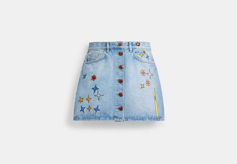 COACH®,COACH X OBSERVED BY US HIGH WAIST DENIM SKIRT,cotton,Blue Multi,Front View image number 0