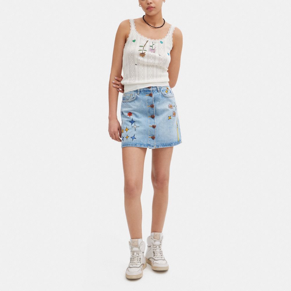 COACH®,COACH X OBSERVED BY US HIGH WAIST DENIM SKIRT,cotton,Blue Multi,Scale View