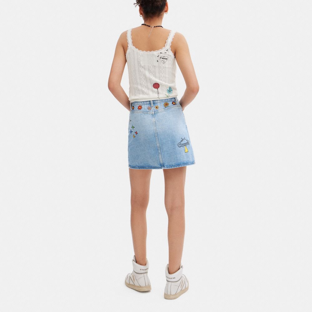 COACH®,COACH X OBSERVED BY US HIGH WAIST DENIM SKIRT,cotton,Blue Multi,Scale View