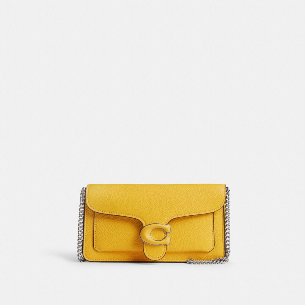 COACH®,Tabby Chain Clutch,Leather,Clutch,Logo,Metal,Gusset,Silver Metal,Day Party,Mustard,Front View