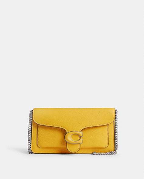 COACH®,TABBY CHAIN CLUTCH,Polished Pebble Leather,Mini,Silver/Canary,Front View