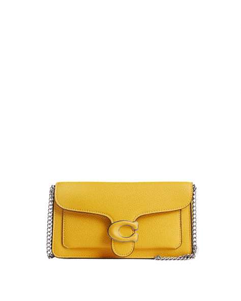 COACH®,TABBY CHAIN CLUTCH,Polished Pebble Leather,Mini,Silver/Canary,Front View