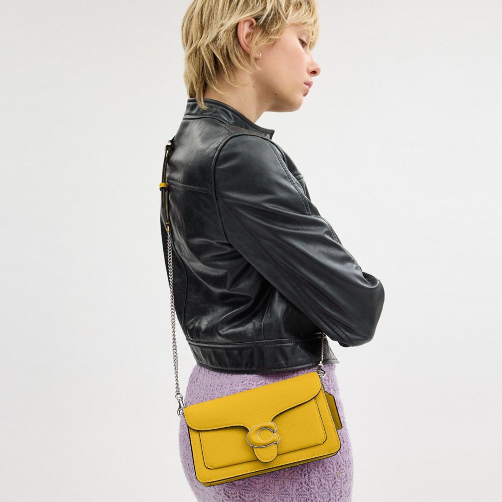 COACH®,Tabby Chain Clutch,Leather,Clutch,Logo,Metal,Gusset,Silver Metal,Day Party,Mustard