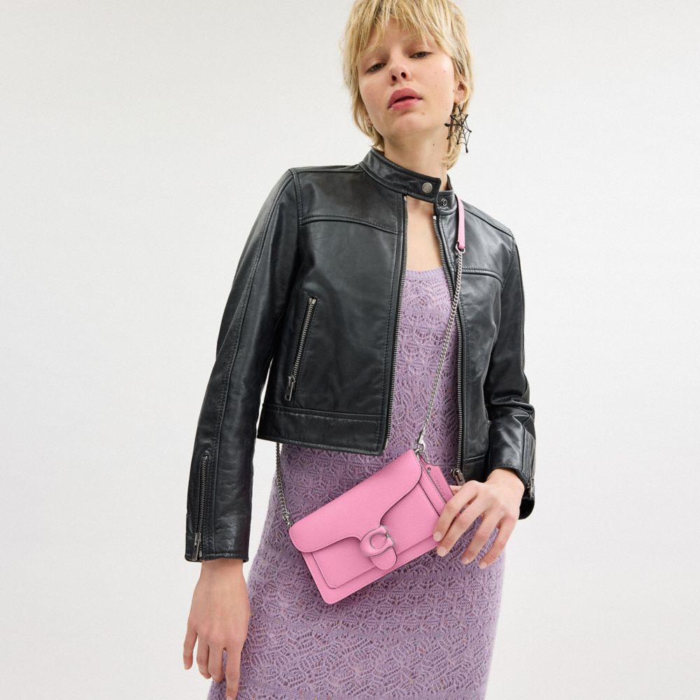 COACH®,Tabby Chain Clutch,Leather,Crossbody,Logo,Gusset,Silver Metal,Casual,Pink