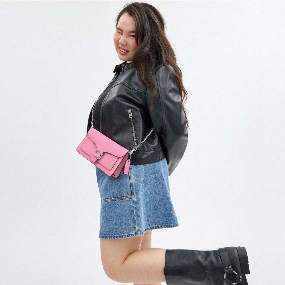 COACH®,Tabby Chain Clutch,Leather,Crossbody,Logo,Gusset,Silver Metal,Casual,Pink