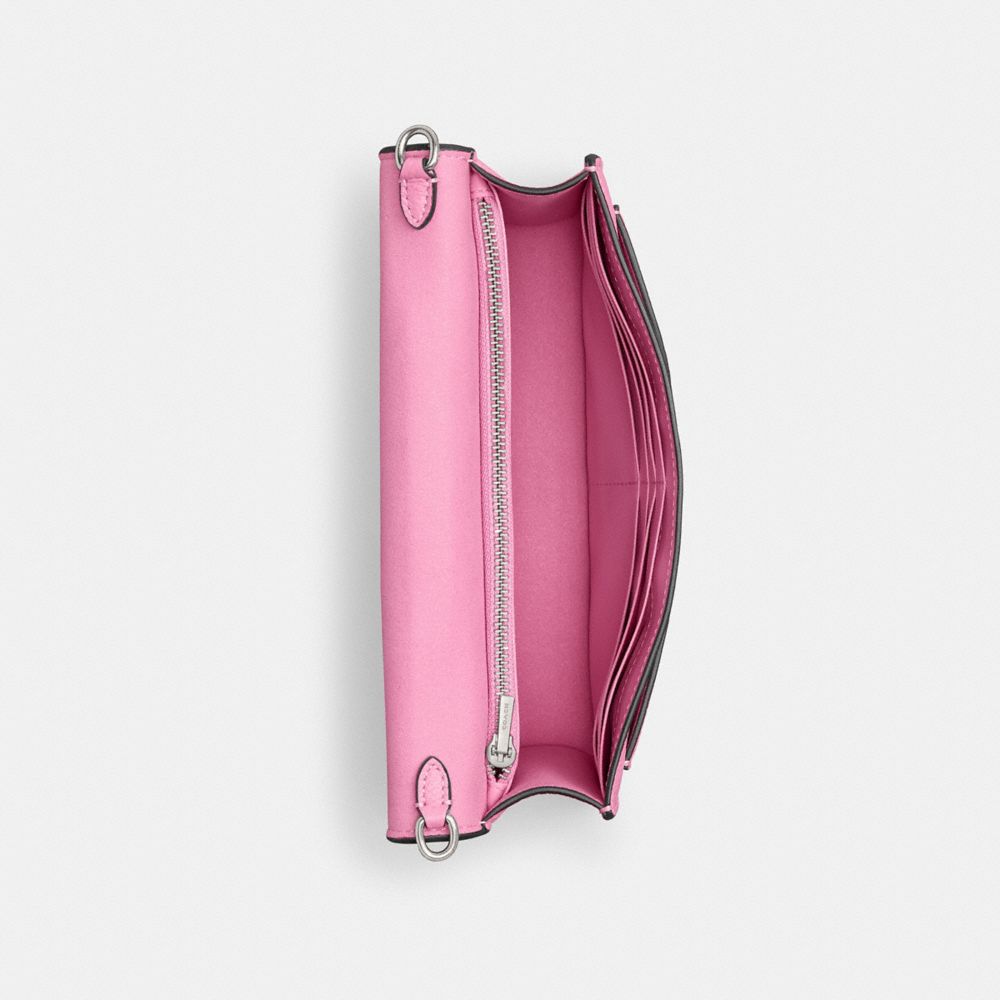 COACH®,Tabby Chain Clutch,Leather,Crossbody,Logo,Gusset,Silver Metal,Casual,Pink,Inside View,Top View