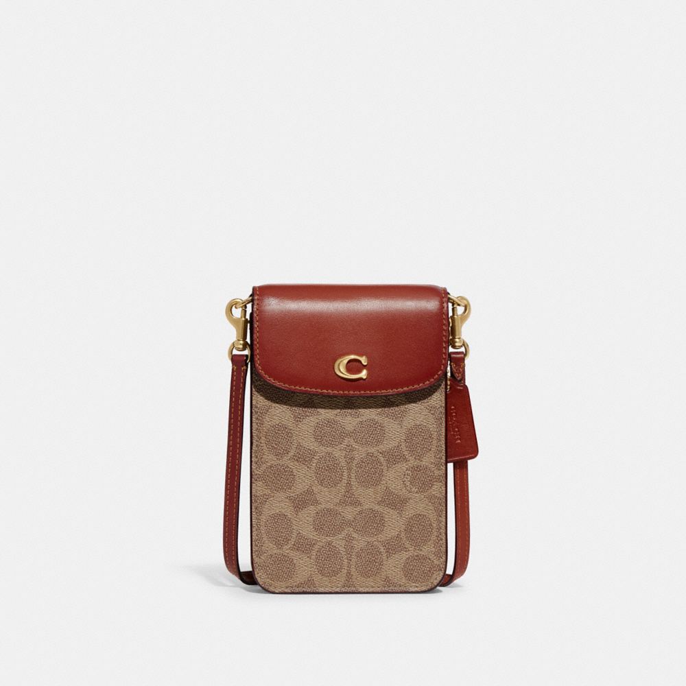 COACH®,PHONE CROSSBODY BAG IN SIGNATURE CANVAS,Signature Coated Canvas,Mini,Brass/Tan/Rust,Front View