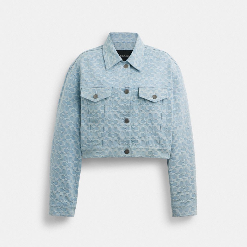 COACH®,CROPPED SIGNATURE JACQUARD DENIM JACKET,Denim,Blue Signature,Front View